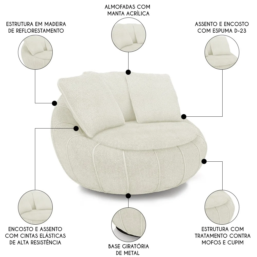 Poltrona Decorativa Redonda Giratória com Almofadas Saphire Z32 Boucle Cru - Mpozenato