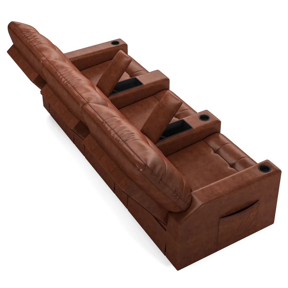 Poltrona de Cinema Reclinável 3 Lugares Baú USB Mallie FH9 PU Marrom Brilho - Mpozenato
