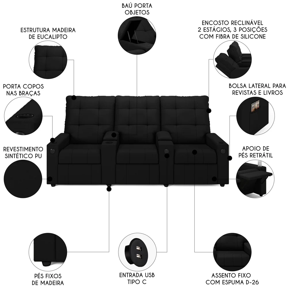 Poltrona de Cinema Reclinável 3 Lugares Baú USB Mallie FH9 PU Preto - Mpozenato