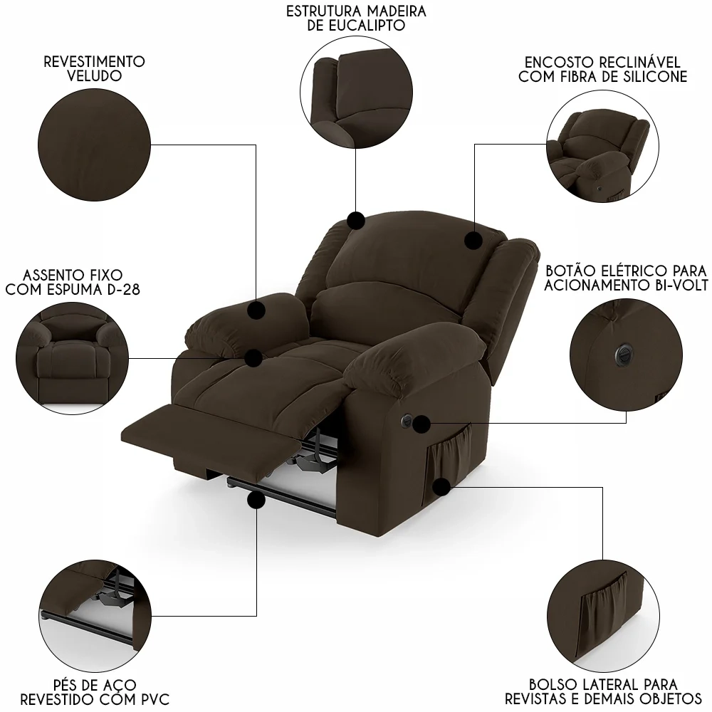 Poltrona do Papai Reclinável Pietra Power Elétrica FH9 Veludo Marrom - Mpozenato