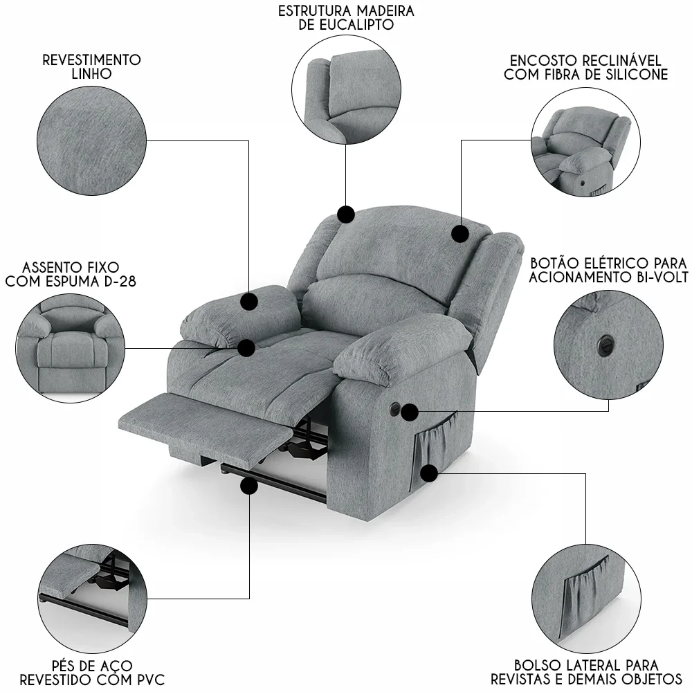 Poltrona do Papai Reclinável Pietra Power Elétrica FH9 Linho Cinza - Mpozenato