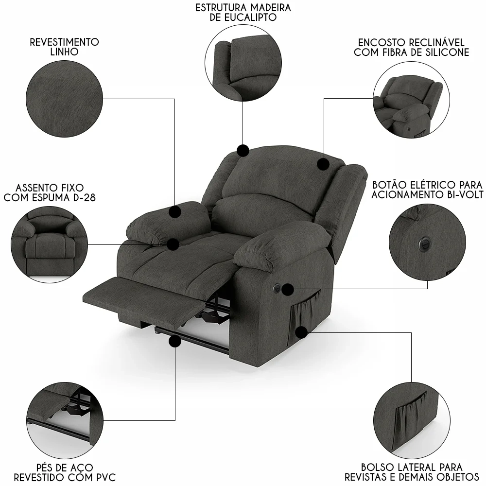 Poltrona do Papai Reclinável Pietra Power Elétrica FH9 Linho Grafite - Mpozenato