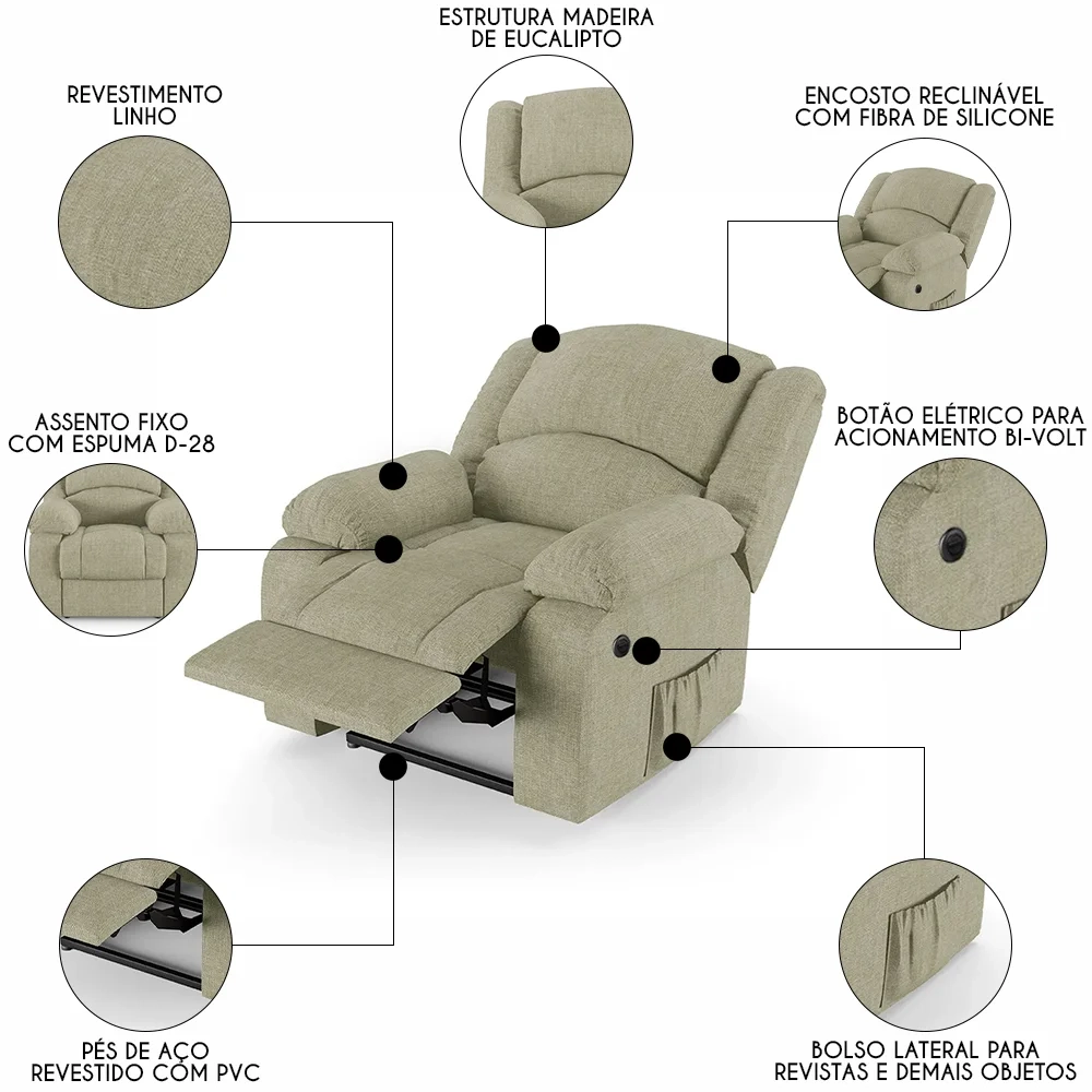 Poltrona do Papai Reclinável Pietra Power Elétrica FH9 Linho Bege - Mpozenato