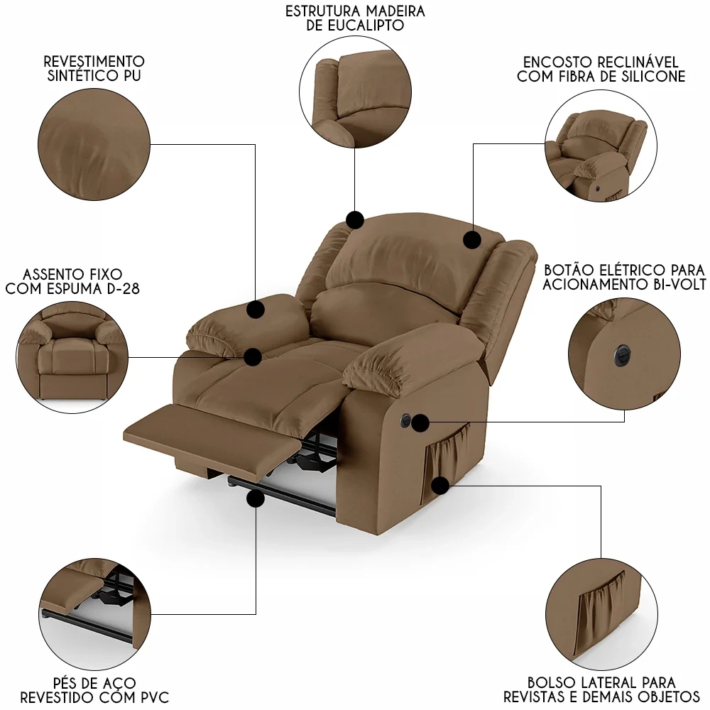 Poltrona do Papai Reclinável Pietra Power Elétrica FH9 PU Caramelo - Mpozenato