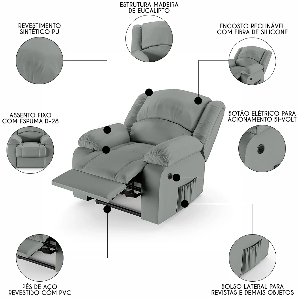 Poltrona do Papai Reclinável Pietra Power Elétrica FH9 PU Cinza - Mpozenato