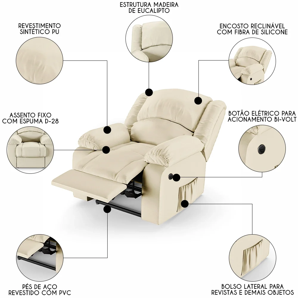 Poltrona do Papai Reclinável Pietra Power Elétrica FH9 PU Bege - Mpozenato