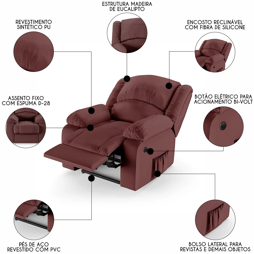 Poltrona do Papai Reclinável Pietra Power Elétrica FH9 PU Vermelho - Mpozenato