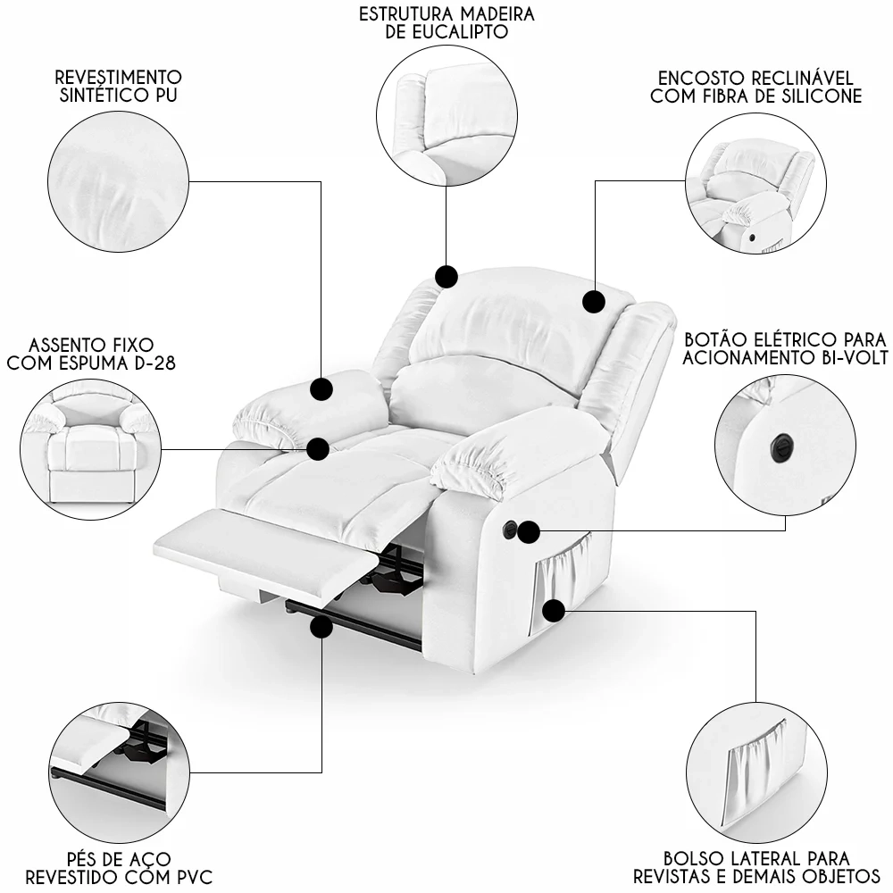 Poltrona do Papai Reclinável Pietra Power Elétrica FH9 PU Branco - Mpozenato