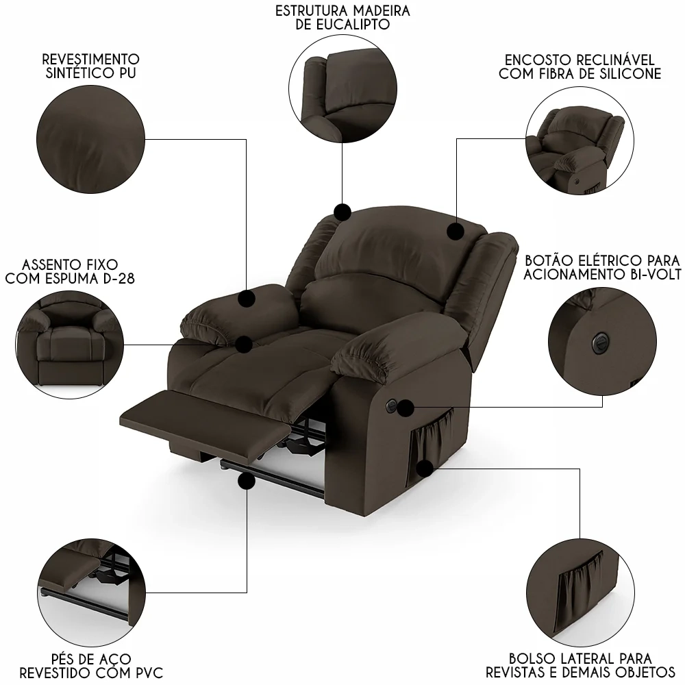 Poltrona do Papai Reclinável Pietra Power Elétrica FH9 PU Marrom - Mpozenato