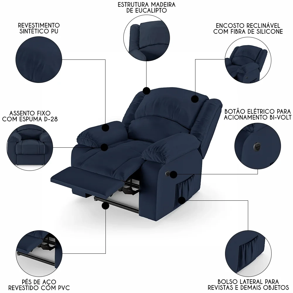 Poltrona do Papai Reclinável Pietra Power Elétrica FH9 PU Azul - Mpozenato