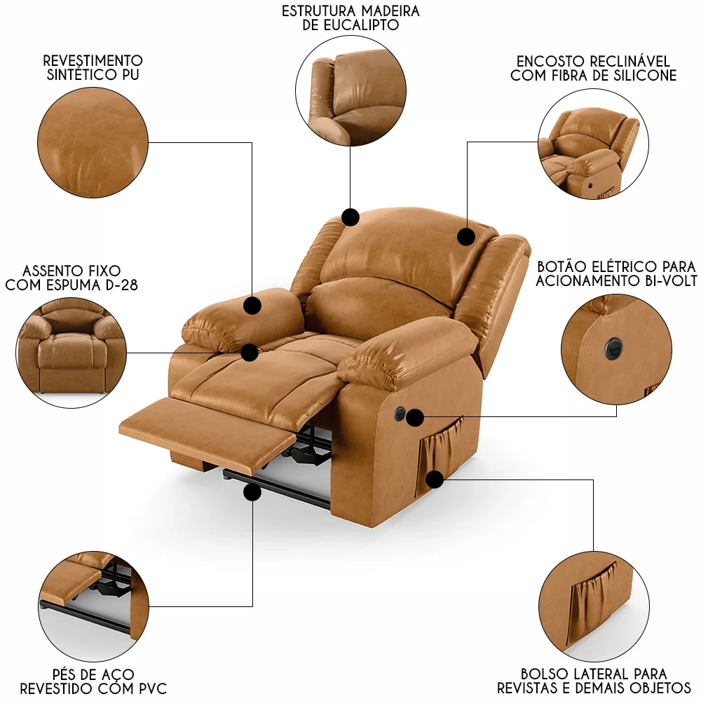 Poltrona do Papai Reclinável Pietra Power Elétrica FH9 PU Whisky - Mpozenato