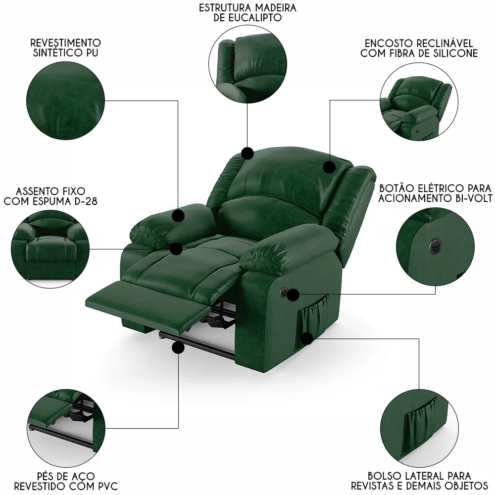 Poltrona do Papai Reclinável Pietra Power Elétrica FH9 PU Verde Musgo - Mpozenato