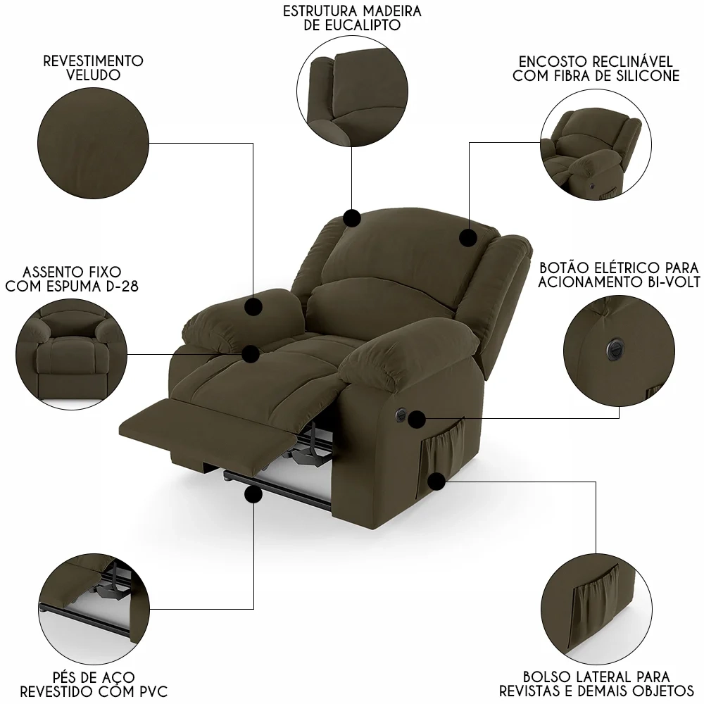 Poltrona do Papai Reclinável Pietra Power Elétrica FH9 Veludo Capuccino - Mpozenato