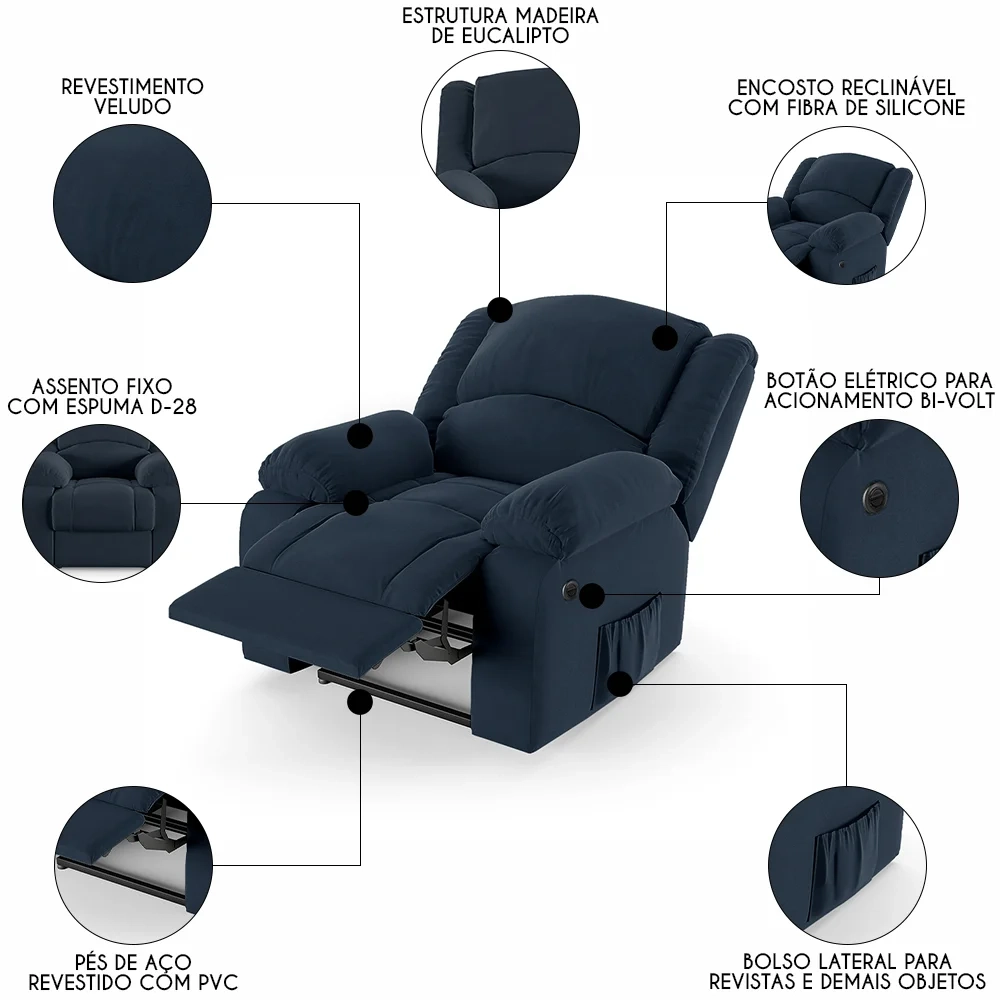 Poltrona do Papai Reclinável Pietra Power Elétrica FH9 Veludo Azul - Mpozenato