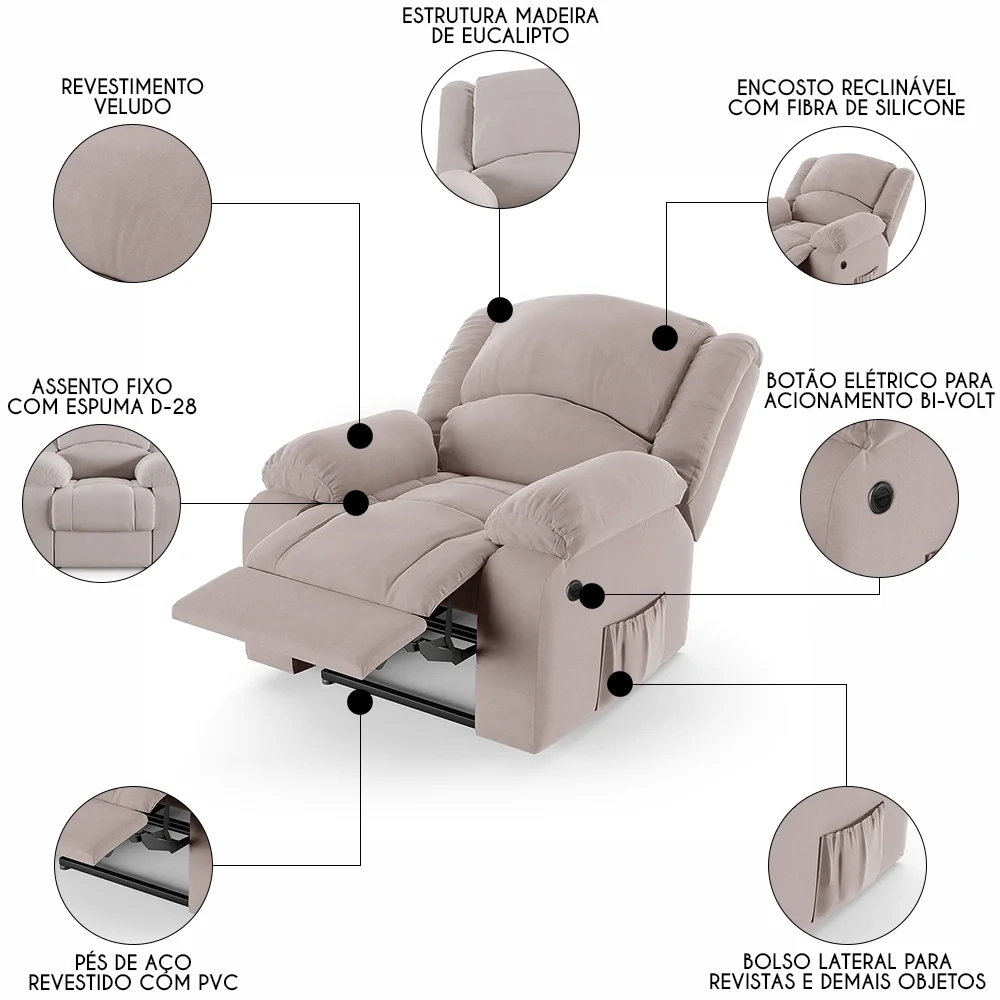 Poltrona do Papai Reclinável Pietra Power Elétrica FH9 Veludo Rosê - Mpozenato