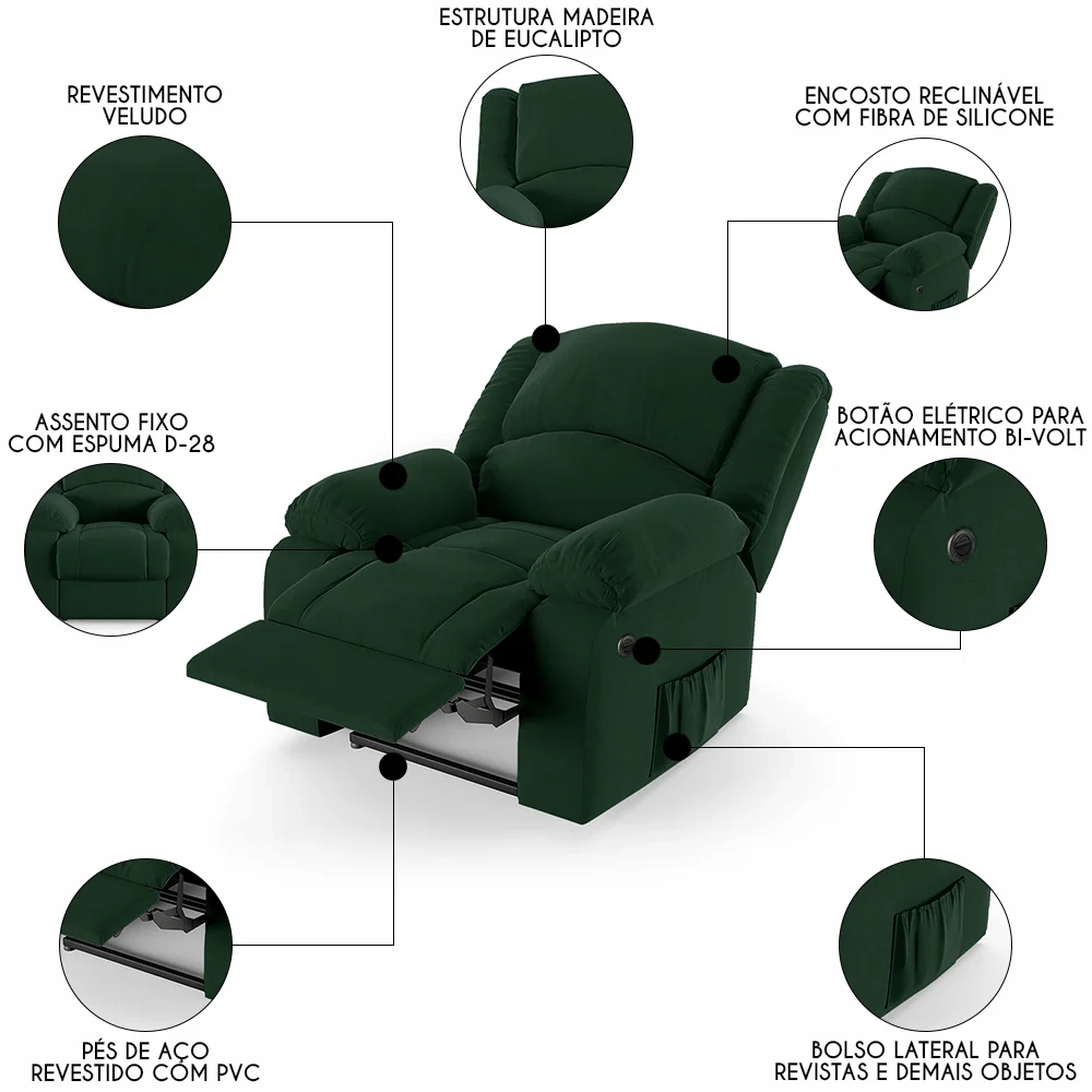 Poltrona do Papai Reclinável Pietra Power Elétrica FH9 Veludo Verde - Mpozenato