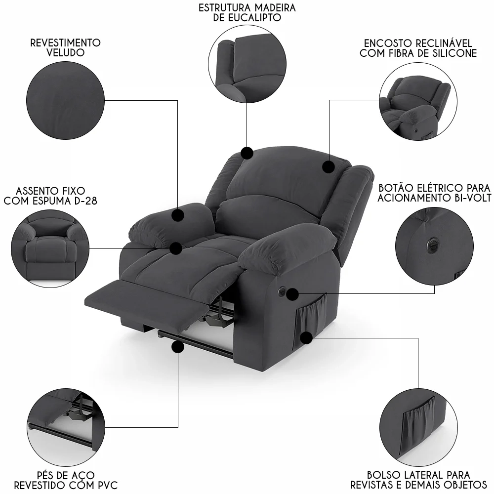 Poltrona do Papai Reclinável Pietra Power Elétrica FH9 Veludo Cinza - Mpozenato