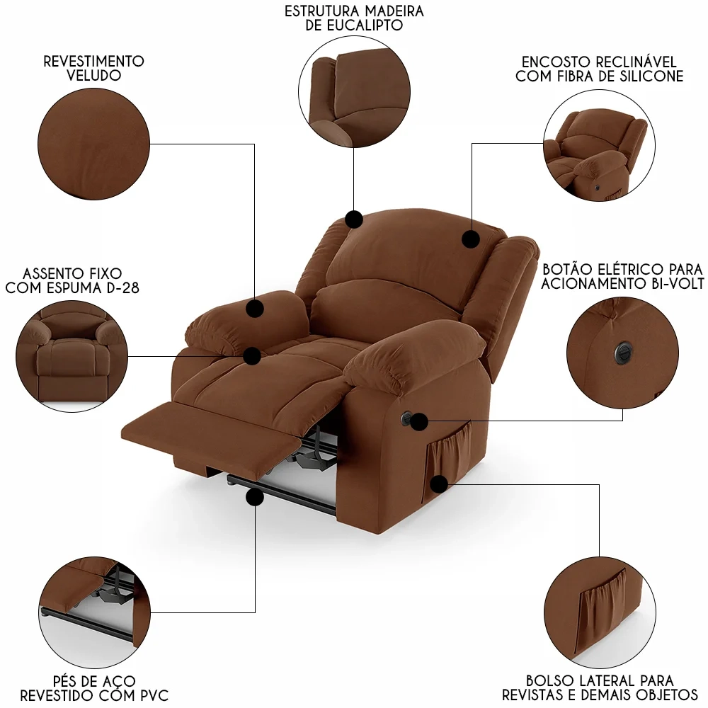 Poltrona do Papai Reclinável Pietra Power Elétrica FH9 Veludo Terracota - Mpozenato