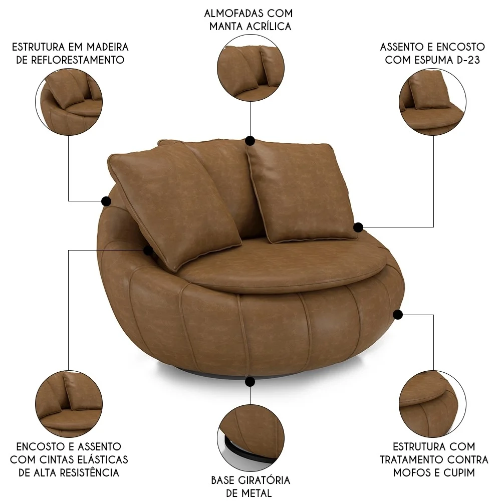 Poltrona Decorativa Redonda Giratória com Almofadas Saphire Z32 Sintético Caramelo - Mpozenato