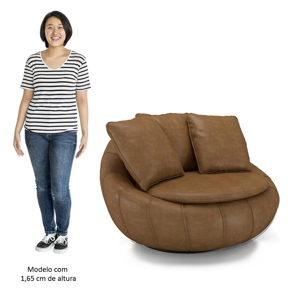 Poltrona Decorativa Redonda Giratória com Almofadas Saphire Z32 Sintético Caramelo - Mpozenato