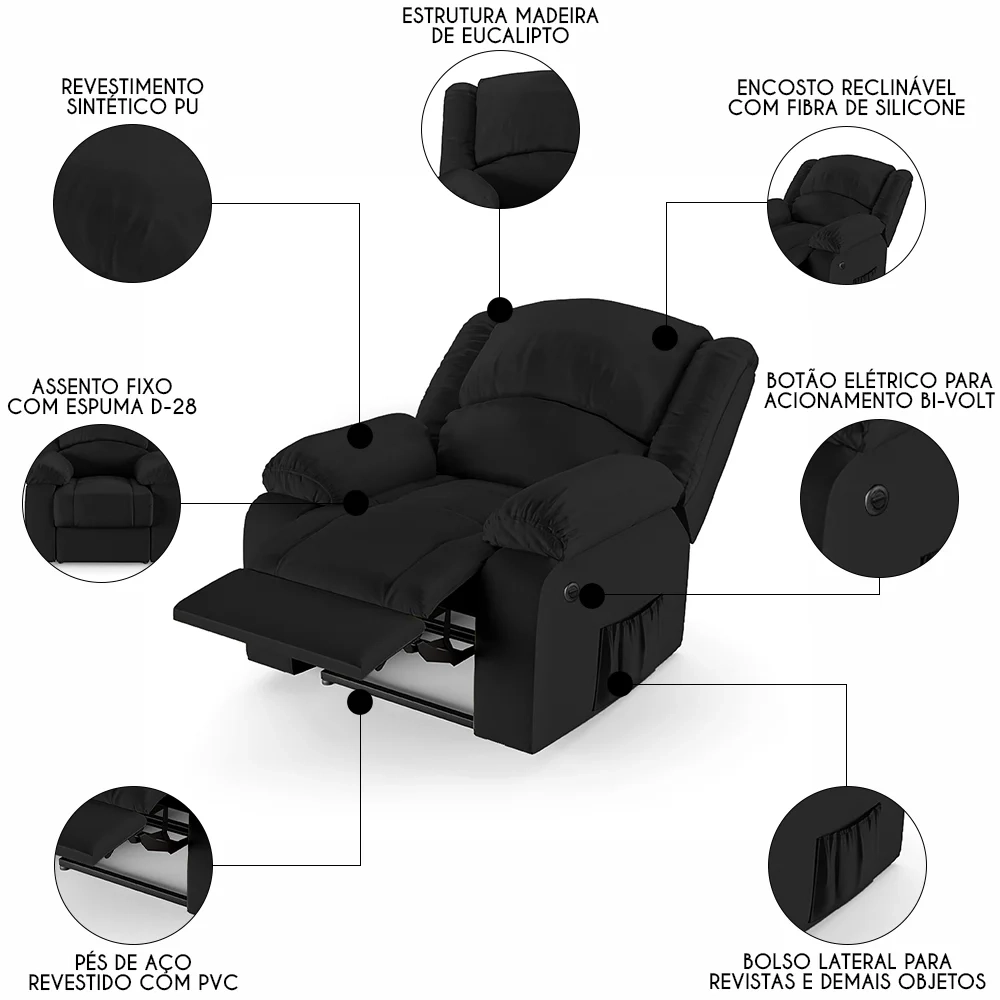 Poltrona do Papai Reclinável Pietra Power Elétrica FH9 PU Preto - Mpozenato