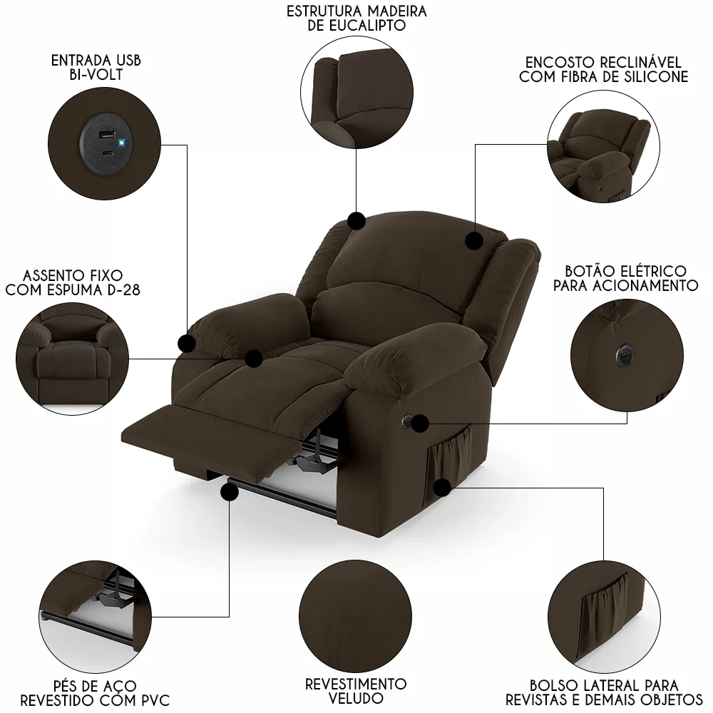 Poltrona do Papai Reclinável Pietra Power Elétrica USB FH9 Veludo Marrom - Mpozenato