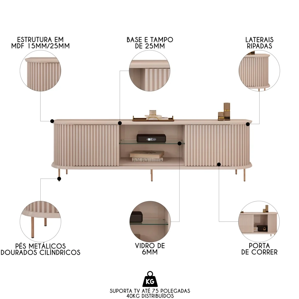 Rack Para Sala Bancada de TV 75 Pol 218cm Ripado World D04 Off White - Mpozenato