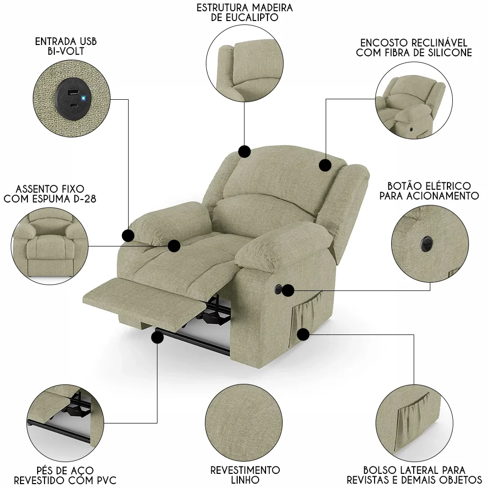 Poltrona do Papai Reclinável Pietra Power Elétrica USB FH9 Linho Bege - Mpozenato