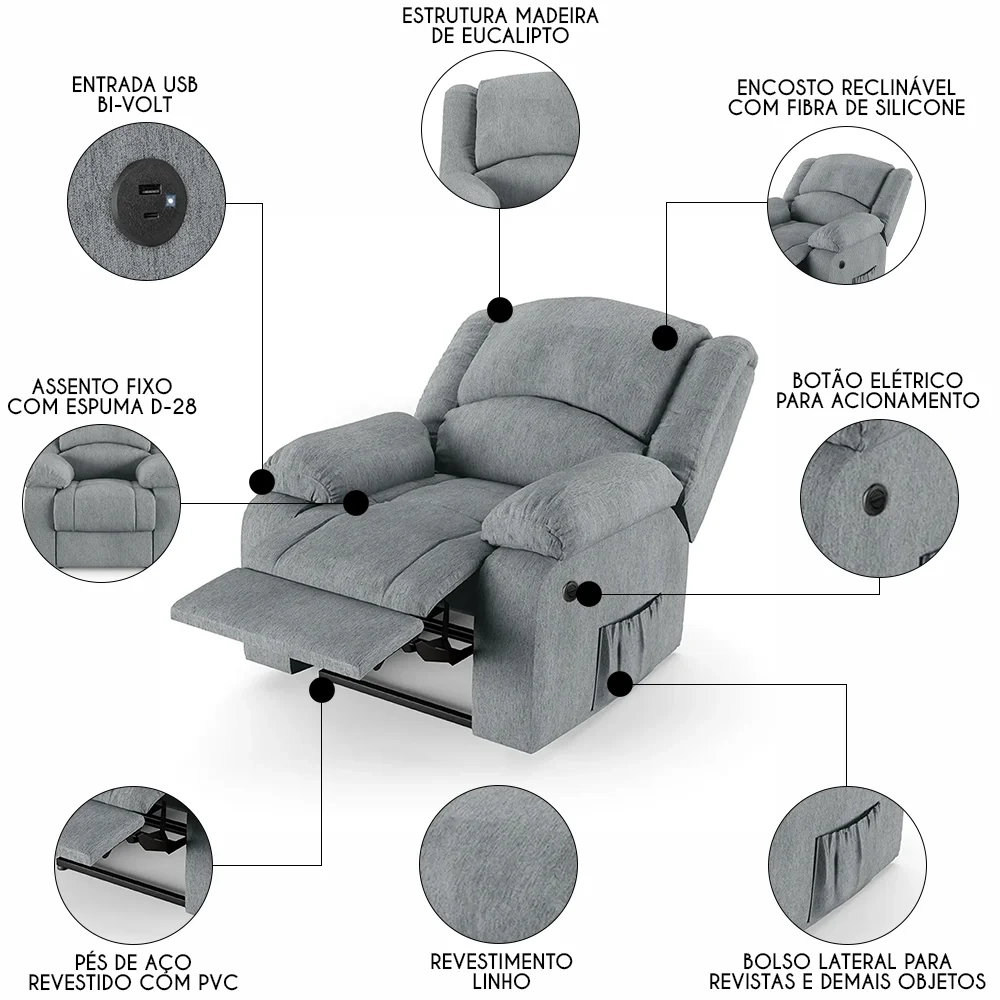 Poltrona do Papai Reclinável Pietra Power Elétrica USB FH9 Linho Cinza - Mpozenato
