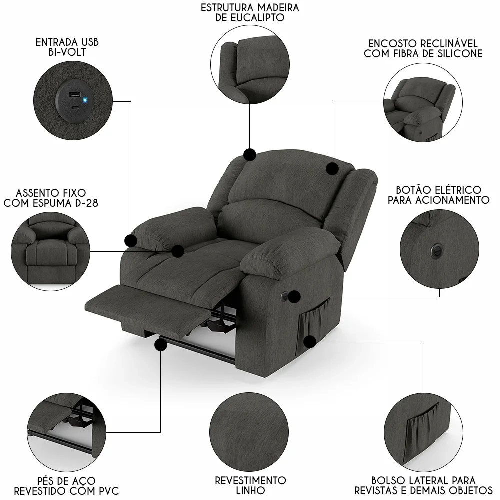 Poltrona do Papai Reclinável Pietra Power Elétrica USB FH9 Linho Grafite - Mpozenato