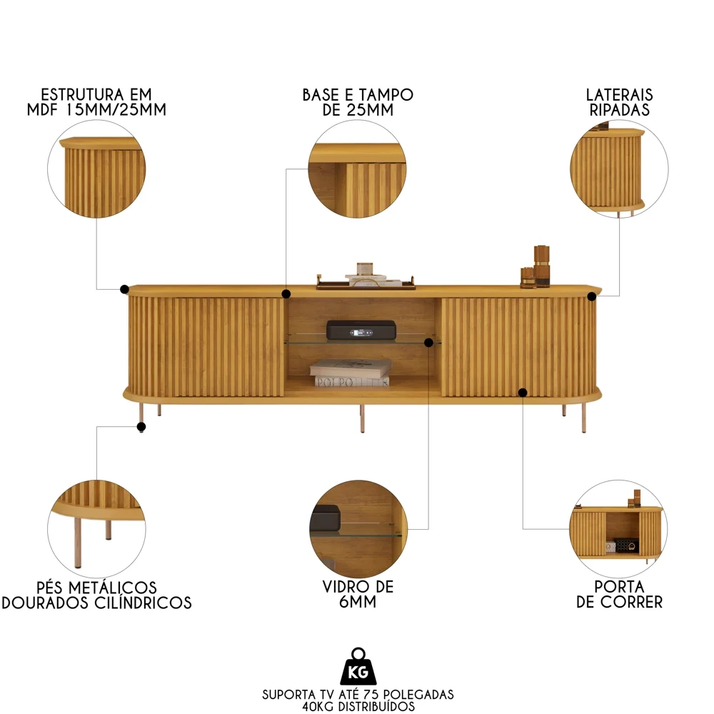 Rack Para Sala Bancada de TV 75 Pol 218cm Ripado World D04 Cedro - Mpozenato