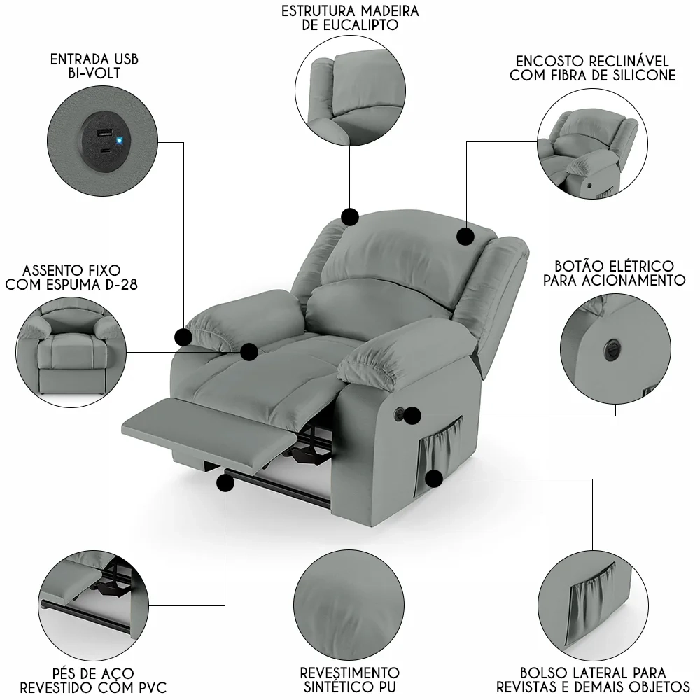 Poltrona do Papai Reclinável Pietra Power Elétrica USB FH9 PU Cinza - Mpozenato
