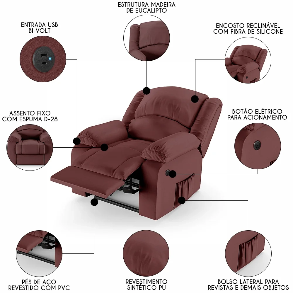 Poltrona do Papai Reclinável Pietra Power Elétrica USB FH9 PU Vermelho - Mpozenato