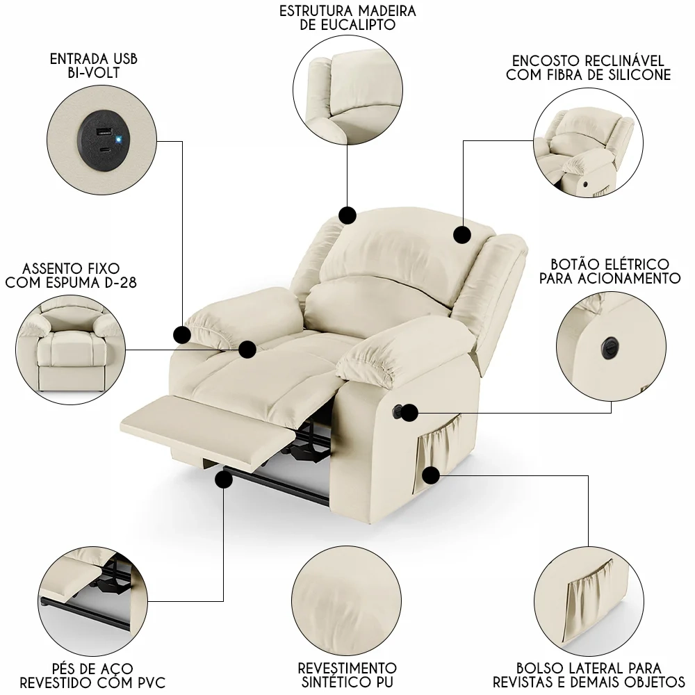 Poltrona do Papai Reclinável Pietra Power Elétrica USB FH9 PU Bege - Mpozenato