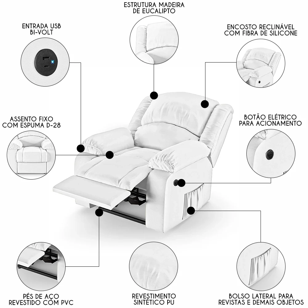 Poltrona do Papai Reclinável Pietra Power Elétrica USB FH9 PU Branco - Mpozenato