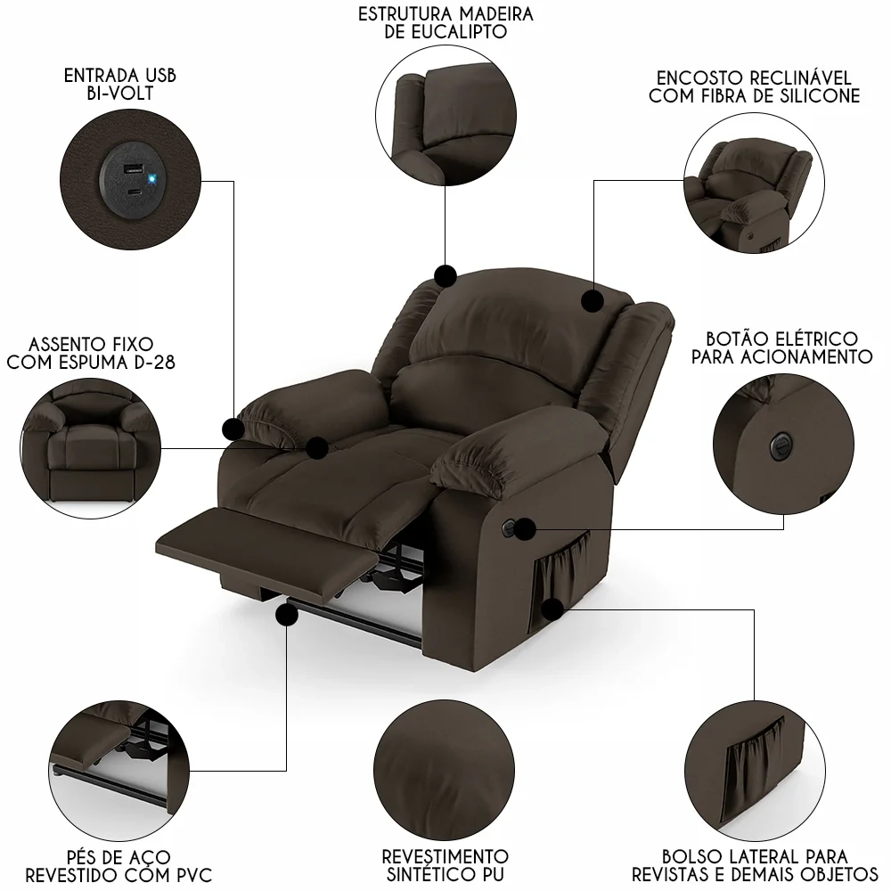 Poltrona do Papai Reclinável Pietra Power Elétrica USB FH9 PU Marrom - Mpozenato