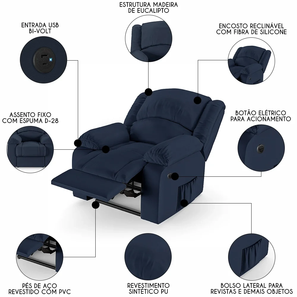Poltrona do Papai Reclinável Pietra Power Elétrica USB FH9 PU Azul - Mpozenato