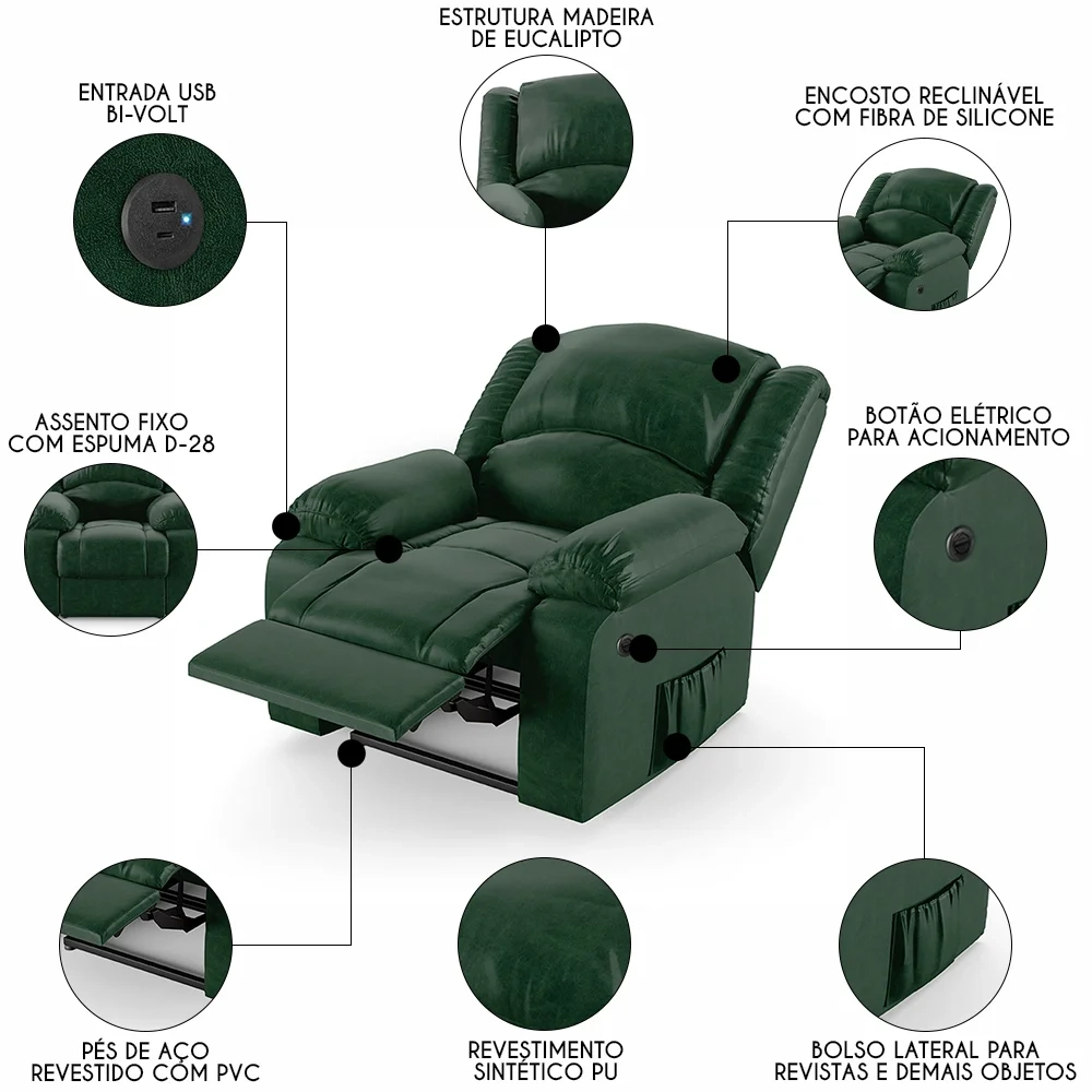Poltrona do Papai Reclinável Pietra Power Elétrica USB FH9 PU Verde Musgo - Mpozenato