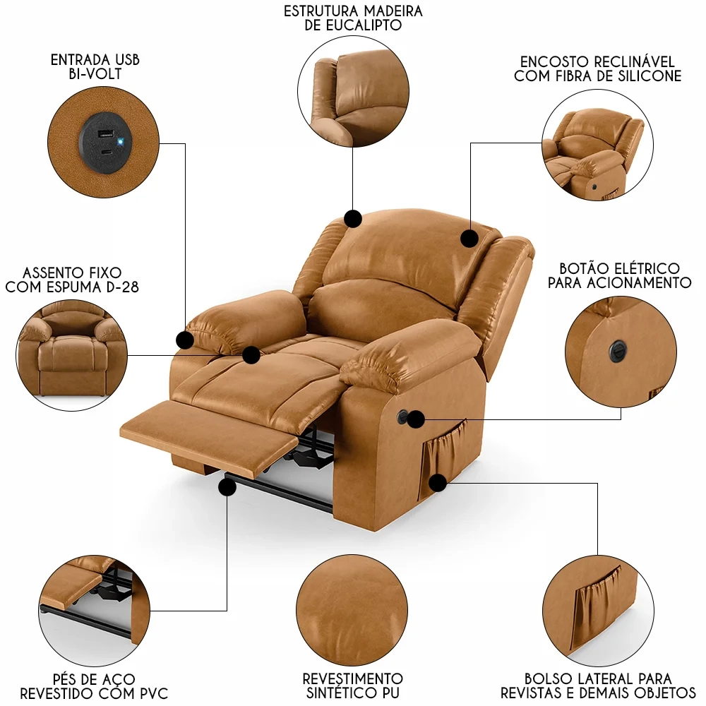 Poltrona do Papai Reclinável Pietra Power Elétrica USB FH9 PU Whisky - Mpozenato