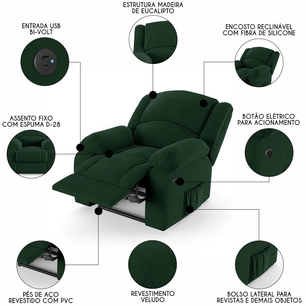 Poltrona do Papai Reclinável Pietra Power Elétrica USB FH9 Veludo Verde - Mpozenato