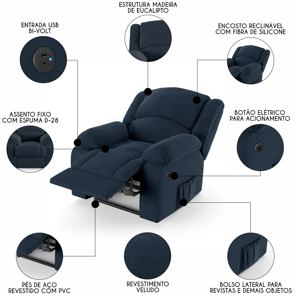 Poltrona do Papai Reclinável Pietra Power Elétrica USB FH9 Veludo Azul - Mpozenato