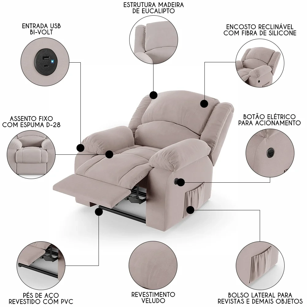 Poltrona do Papai Reclinável Pietra Power Elétrica USB FH9 Veludo Rosê - Mpozenato
