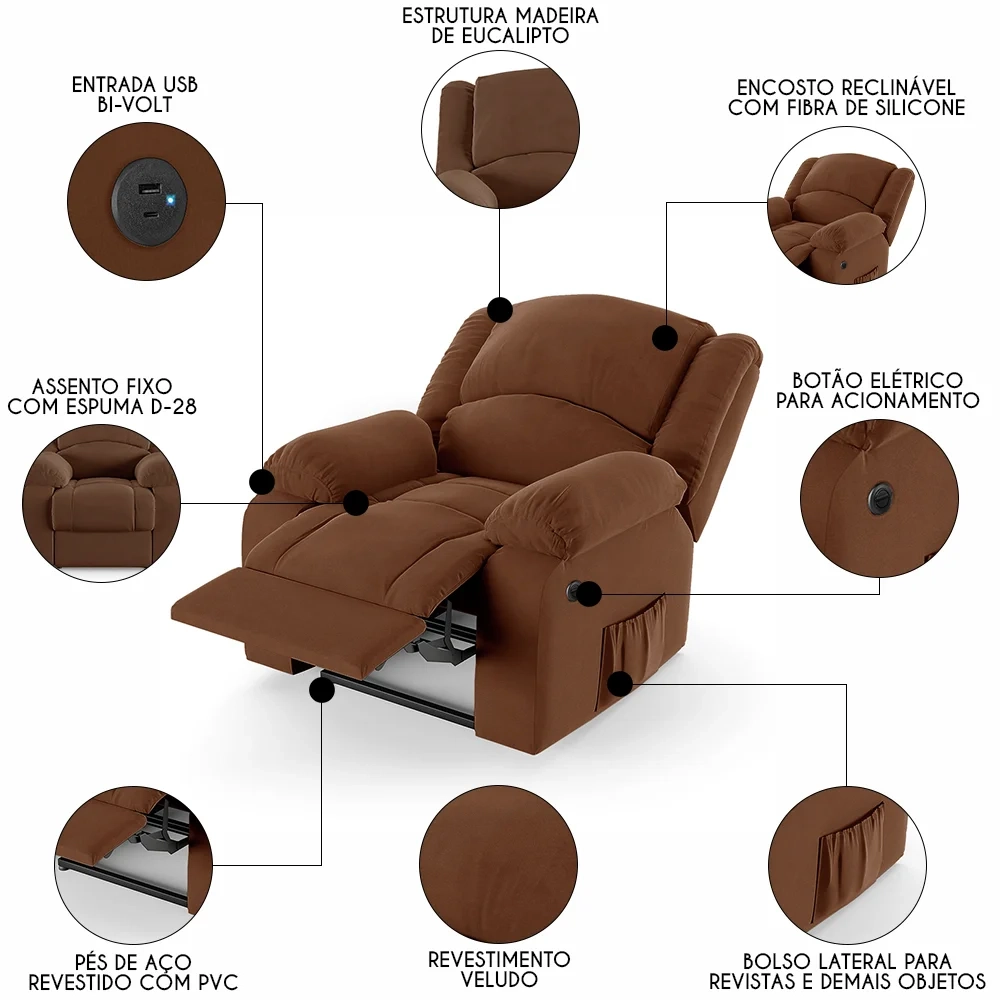 Poltrona do Papai Reclinável Pietra Power Elétrica USB FH9 Veludo Terracota - Mpozenato