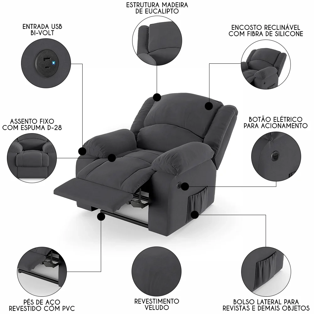 Poltrona do Papai Reclinável Pietra Power Elétrica USB FH9 Veludo Cinza - Mpozenato