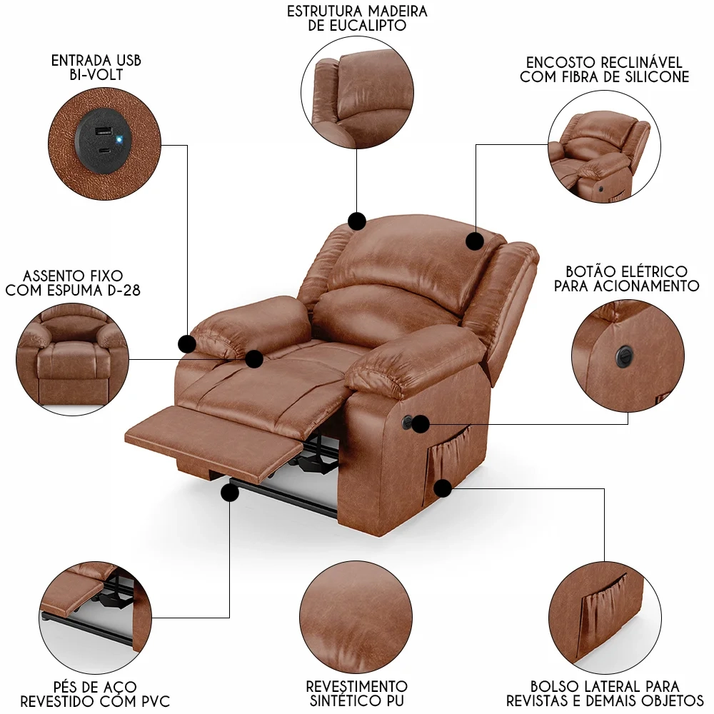 Poltrona do Papai Reclinável Pietra Power Elétrica USB FH9 PU Caramelo Brilho - Mpozenato