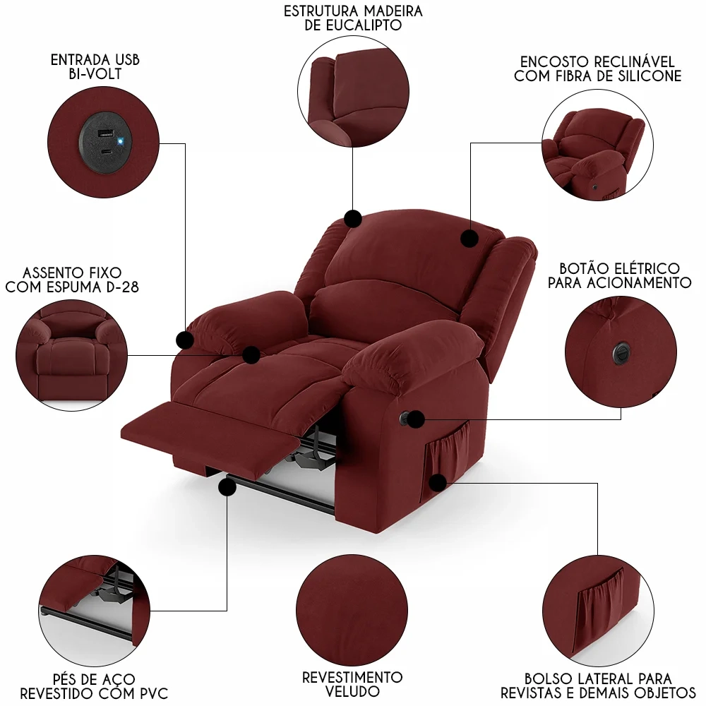 Poltrona do Papai Reclinável Pietra Power Elétrica USB FH9 Veludo Vermelho - Mpozenato