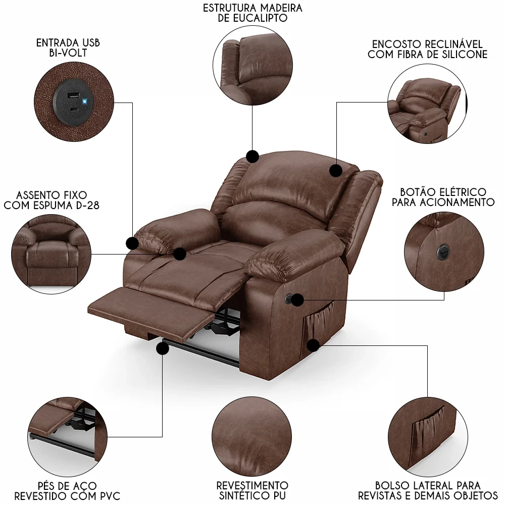 Poltrona do Papai Reclinável Pietra Power Elétrica USB FH9 PU Marrom Brilho - Mpozenato