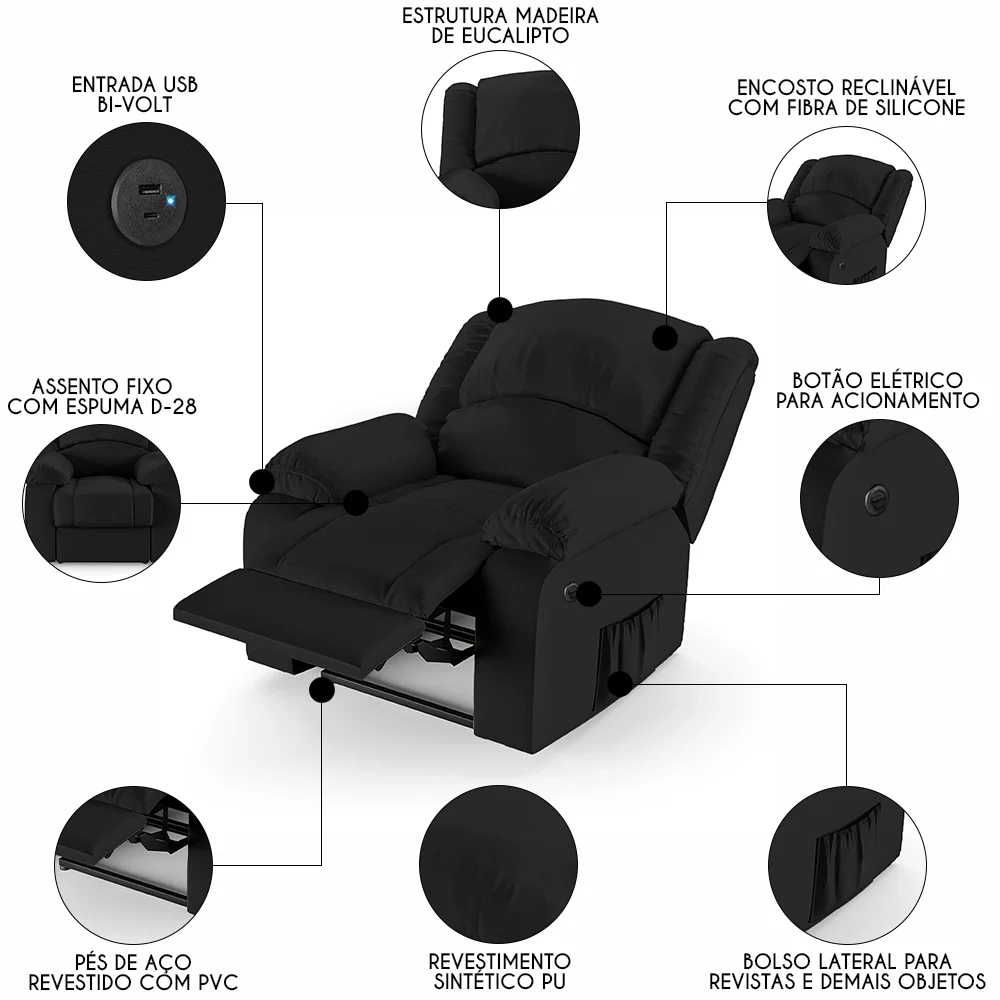 Poltrona do Papai Reclinável Pietra Power Elétrica USB FH9 PU Preto - Mpozenato
