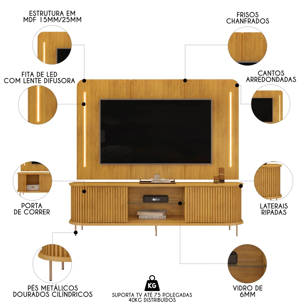 Painel Para TV 75 Pol e Rack Bancada Ripado 218cm World D04 Cedro - Mpozenato
