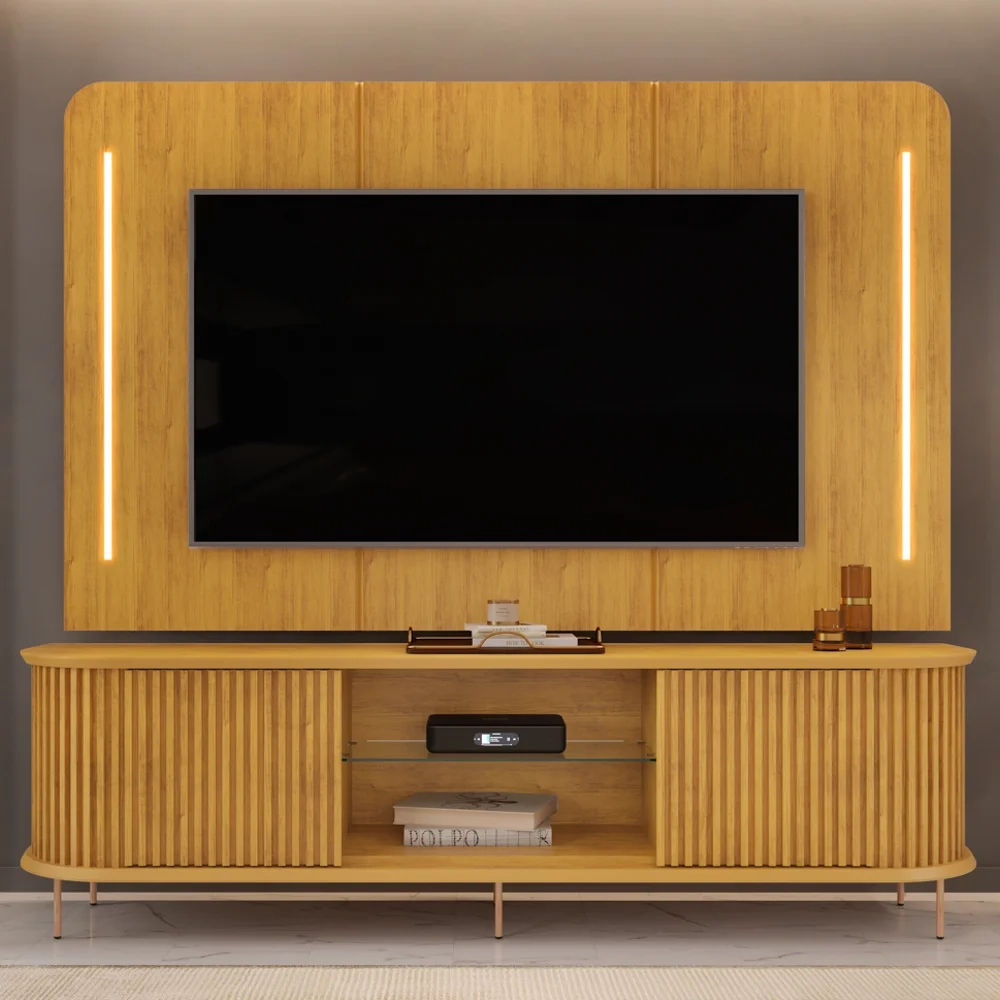Painel Para TV 75 Pol e Rack Bancada Ripado 218cm World D04 Cedro - Mpozenato